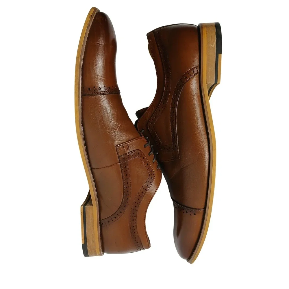 Stacy Adams Mens Cap Toe Oxford Dress‎ Shoes Cognac Brown Leather Brogue Lace Up
